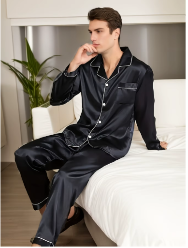 Pijama masculino preto cetim de seda com manga comprida