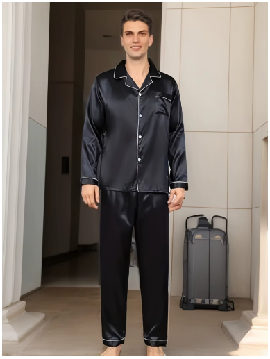 Pijama masculino preto cetim de seda com manga comprida