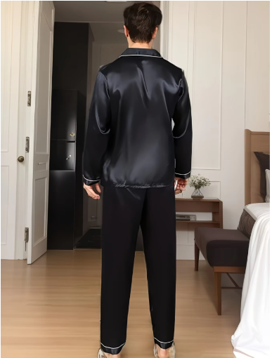 Pijama masculino preto cetim de seda com manga comprida