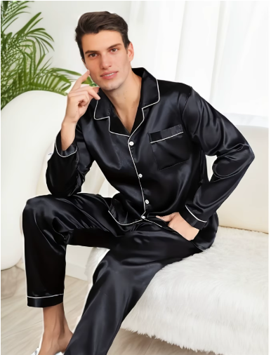 Pijama masculino preto cetim de seda com manga comprida