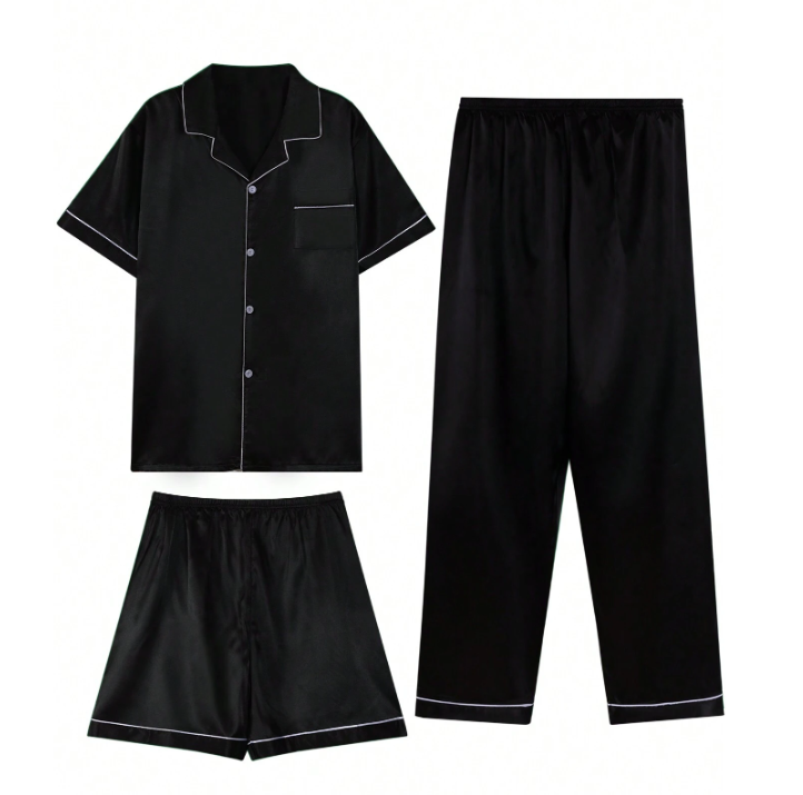 Pijama Preto Cetim Conjunto Curto e Longo