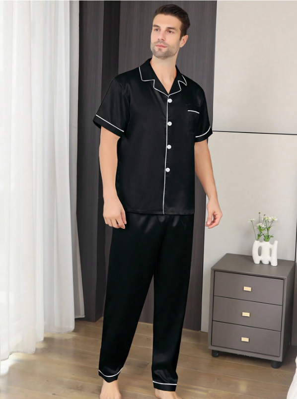 Pijama Preto Cetim Conjunto Curto e Longo